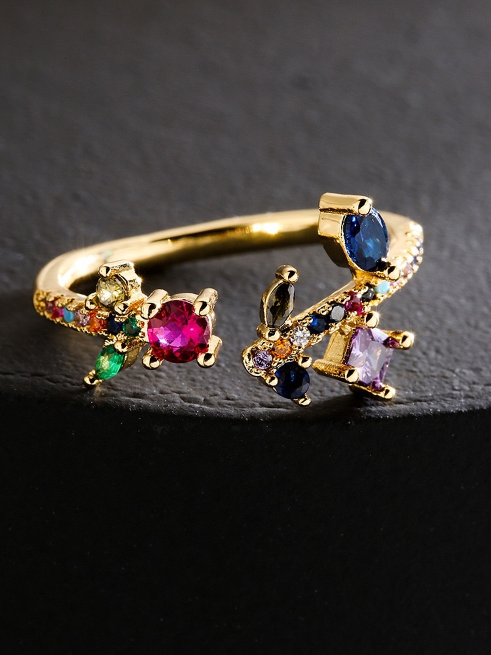 Rainbow CZ Open Ring Adjustable 18K Gold Plated Statement Ring